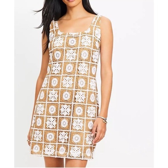 LOFT Tan White Crochet Granny Square Shift Dress Size 0 Boho Summer - Picture 11 of 12